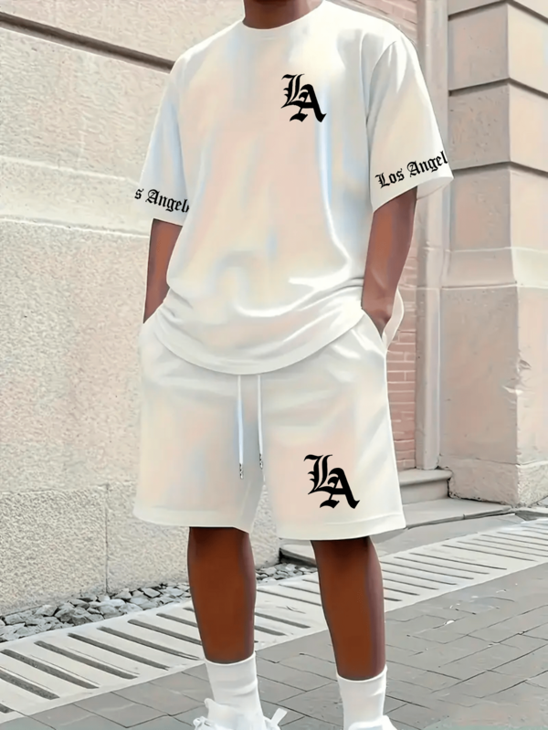Conjunto Streetwear Estampa LA Los Angeles Negrito Kit Camiseta Camisa 100% Algodão + Short Tactel