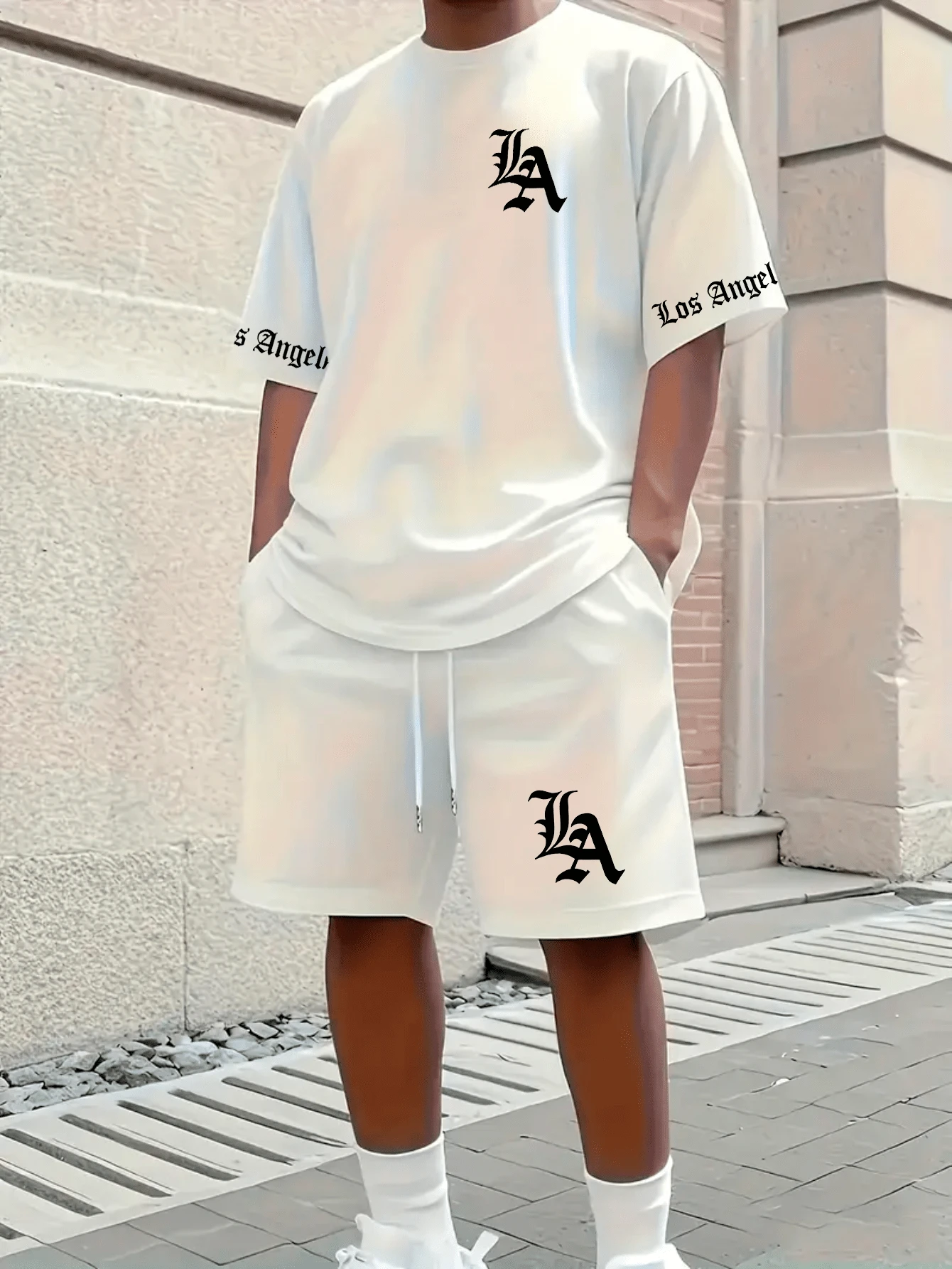 LA Los Angeles Bold Print Streetwear Set: 100% Cotton T-Shirt + Tactel Shorts - 全套(T卹+短褲) - 查看 1