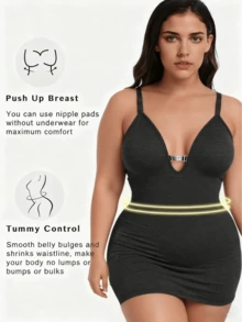 Plus Size Women Seamless Camisole Shapewear Dress, Front Unzip Design Easy To Wear, High Waist Tummy Control Lifting Sexy Bodycon Dress - Black - View 4
