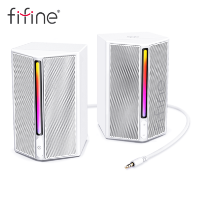 FIFINE Computer Speakers, PC Speakers For Desktop With RGB, Volume Control, Gaming Speakers USB Powered Wired With Bass Boost, Volume Control, Power On/Off, Controllable RGB, 3.5mm Aux Audio Cable For For Laptop Monitor Phone Tablet-FIFINE A20 White