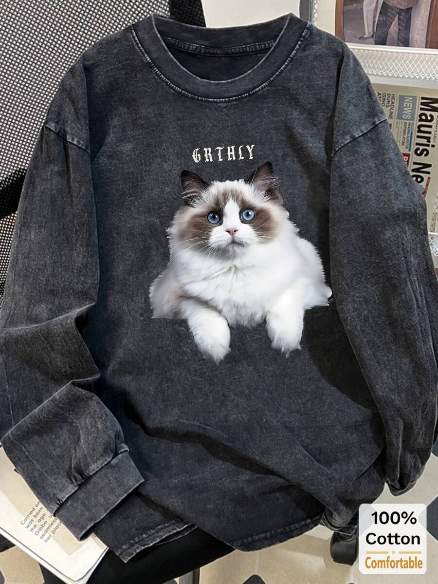 Oversized Vintage Black Cat Print Cotton Washed Long Sleeve T-Shirt, Loose & Slimming Design - Black - View 1