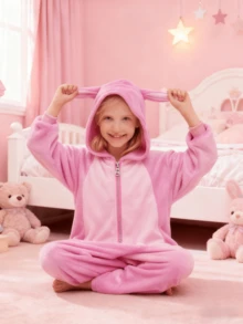 Pijama de mono de animal para niños, disfraz de cosplay de Halloween de franela para niños y niñas / pijama - Rosa Fucsia - Ver 2