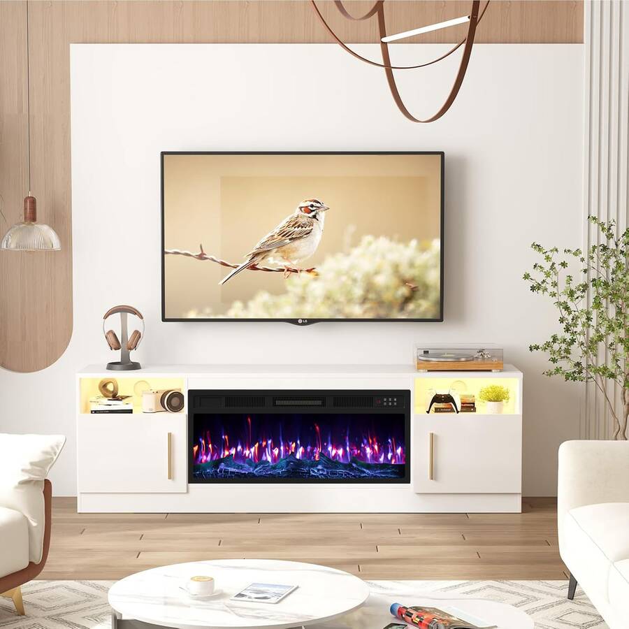 [2 Packages Shipping]Fireplace TV Stand With 36" Electric Fireplace Up To 80" TVs, 70" Entertainment Center, Remote Control,TV Media Console With Storage Cabinets For Living Room,Thanksgiving,Christmas  Gift - WHITE-70IN - 查看 1