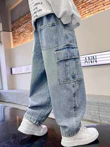 青少年多口袋牛仔裤，男童宽松直筒休闲工装裤，水洗牛仔裤，适合所有季节