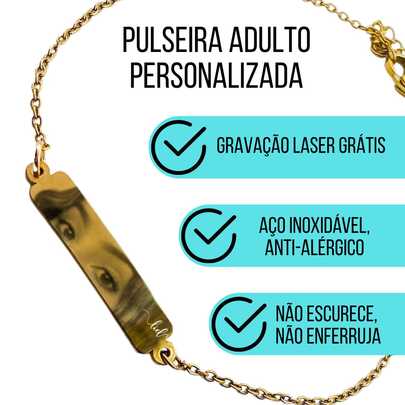 Pulseira Adulto Plaquinha Personalizada Gravação Com Olhar A Laser Prata Dourada Presente Lembrança