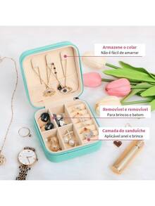 Mini Estojo Porta Organizador de Joia Brincos Anéis d Bolsa para Viagem Bijuterias Organizador Colar Armazenamento Caixa - Aleatória - Visão 7