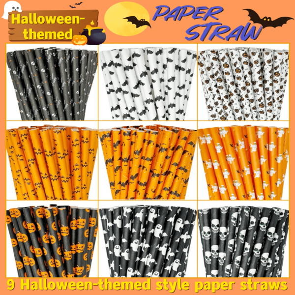 100 قطعة/عبوة قش ورقي بتصميم موضوع هالوين ب- 9 أنماط مختلفة 6*197 مم | قرع، أشباح، خفافيش، هيكل عظمي، تصميم نمط مخيف، مناسب لحفلات هالوين وأعياد الميلاد، ديكور عملي، ديكور أشباح هالوين، قش ورقي إبداعي للعصائر والكوكتيلات