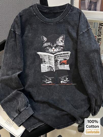 Oversized Vintage Black Cat Print Cotton Washed Long Sleeve T-Shirt, Loose & Slimming Design
