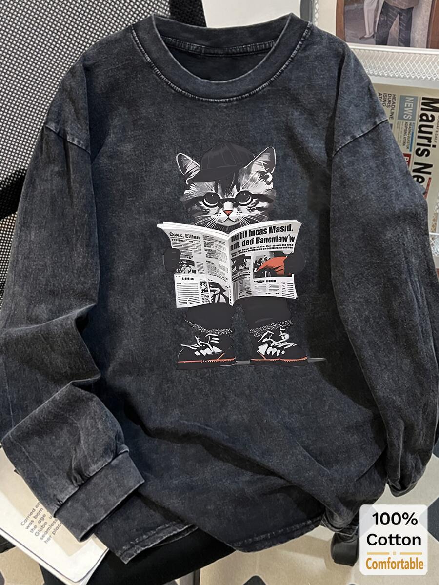 Oversized Vintage Black Cat Print Cotton Washed Long Sleeve T-Shirt, Loose & Slimming Design - Black - View 1
