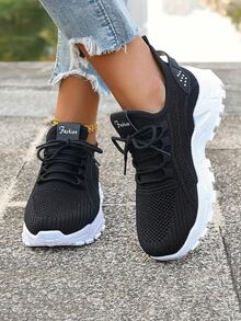 Breathable Mesh Sneakers] Lightweight Breathable Mesh Sneakers - Non-Slip EVA Sole, Comfortable Ankle Support, Lace-Up Low-Top Running & Tennis Shoes For Men And Women, Retro Style, All-Season Wear, Fitness Wear - màu đen - Xem 2