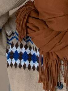 1 Khăn choàng cổ Cashmere tua rua màu trơn cho nữ, khăn choàng cổ dày ấm áp đa năng cho mùa thu/đông để mặc váy - rỉ sét - Xem 2