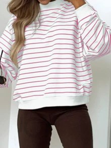 女士休闲黑白条纹长袖卫衣，舒适简约风格，秋粉春装 - 粉色 - 查看 3