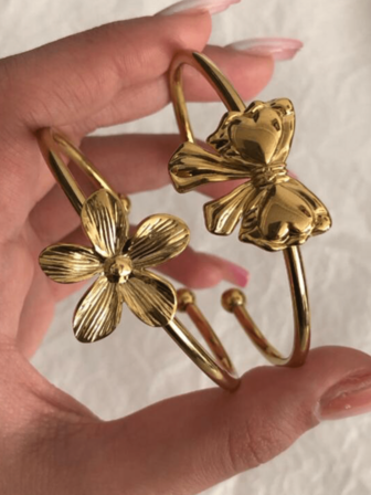 2pcs Vintage Style Bowknot Gold Tone Adjustable Bangle Bracelet Set