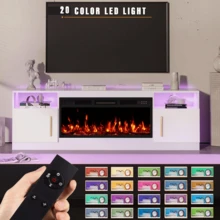 70 Inch Fireplace TV Stand With LED Light Entertainment Center And Storage Cabinet For TVs Up To 80 Inches - WHITE-70IN - View 3