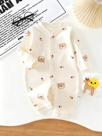 Nyfödd baby söt jordgubbsbjörnstryck framknapp långärmad romper, lämplig för vår och höst