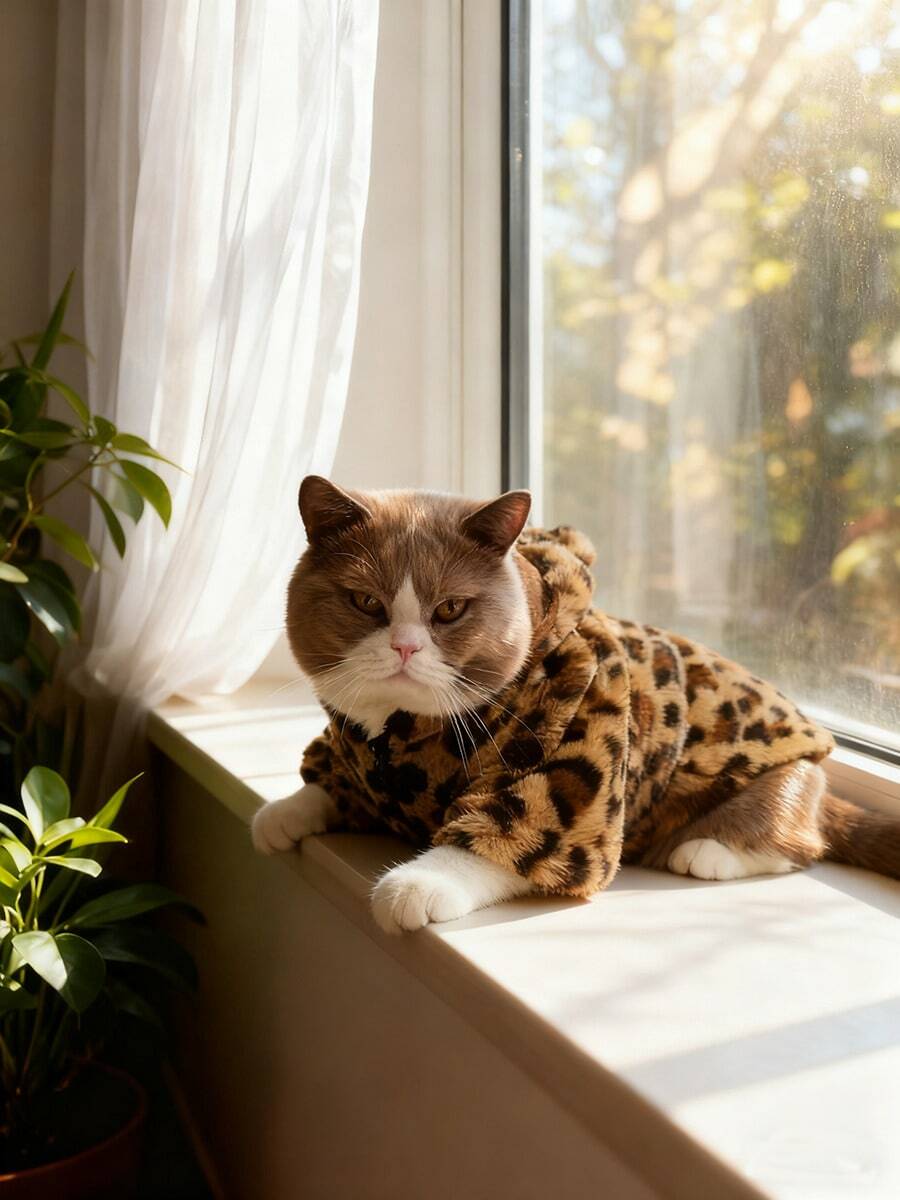 Autumn/Winter Pet Cat Dog Rabbit Fur Hooded Leopard Print Jacket, Thermal Lined Warm Outerwear For British Shorthair, Ragdoll Cats, Small/Medium Pets