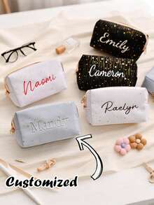 Customized Name Makeup Bag, Personalized Storage Bag, Jewelry Bag, Jewelry Bag, Personalized Embroidered Star Pattern Star Bag, Embroidered Makeup Bag, Essential Travel Bag, Customized Name Cosmetic Bag, Fluffy Embroidered Zipper Travel Bag, Cute Wallet, Toiletry Bag, Customized Makeup Bag