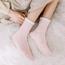 1Pairs Fuzzy Fleece Lined Soft Cozy Plush Slipper Socks, Warm Winter Socks, Christmas Stocking Stuffers Gifts For Women, Autumn - 粉色 - 查看 4
