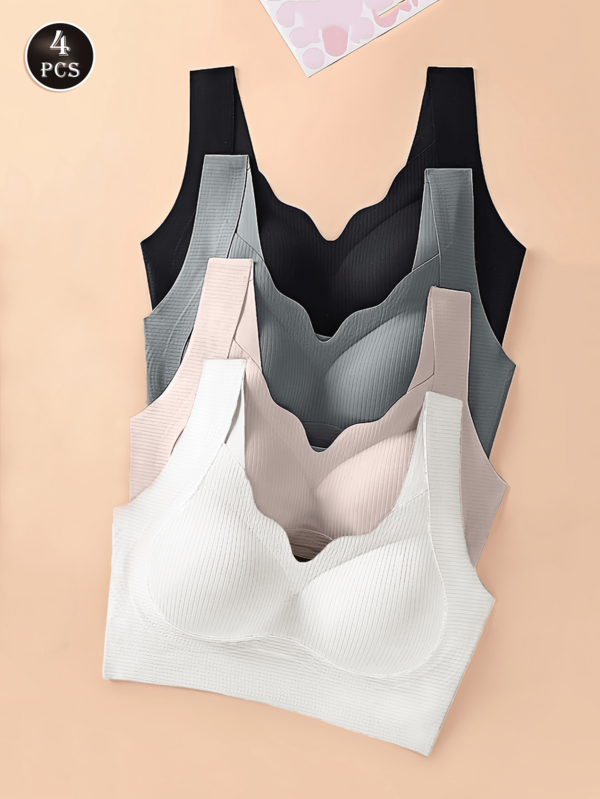 4 piezas de Sujetadores de mujer de unicolor, con borde ondulado sin costuras, inalámbricos, suaves, con soporte, transpirables y cómodos