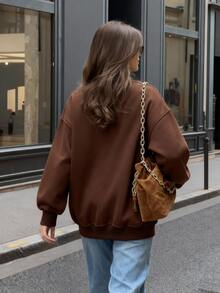 棕色圆领宽松长袖卫衣，女士休闲日常办公上衣 - 咖啡棕 - 查看 3