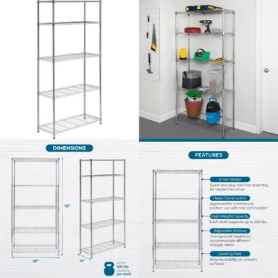 Honey-Can-Do 5-Tier Heavy Duty Adjustable Sves, Metal Sge Rack With 200-Lb Sf Capay, , 14"  X 36" L X 72" H