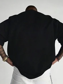Plus Size Men's Santa Claus & Letter Print Round Neck T-Shirt, Casual Outdoor - Black - View 2