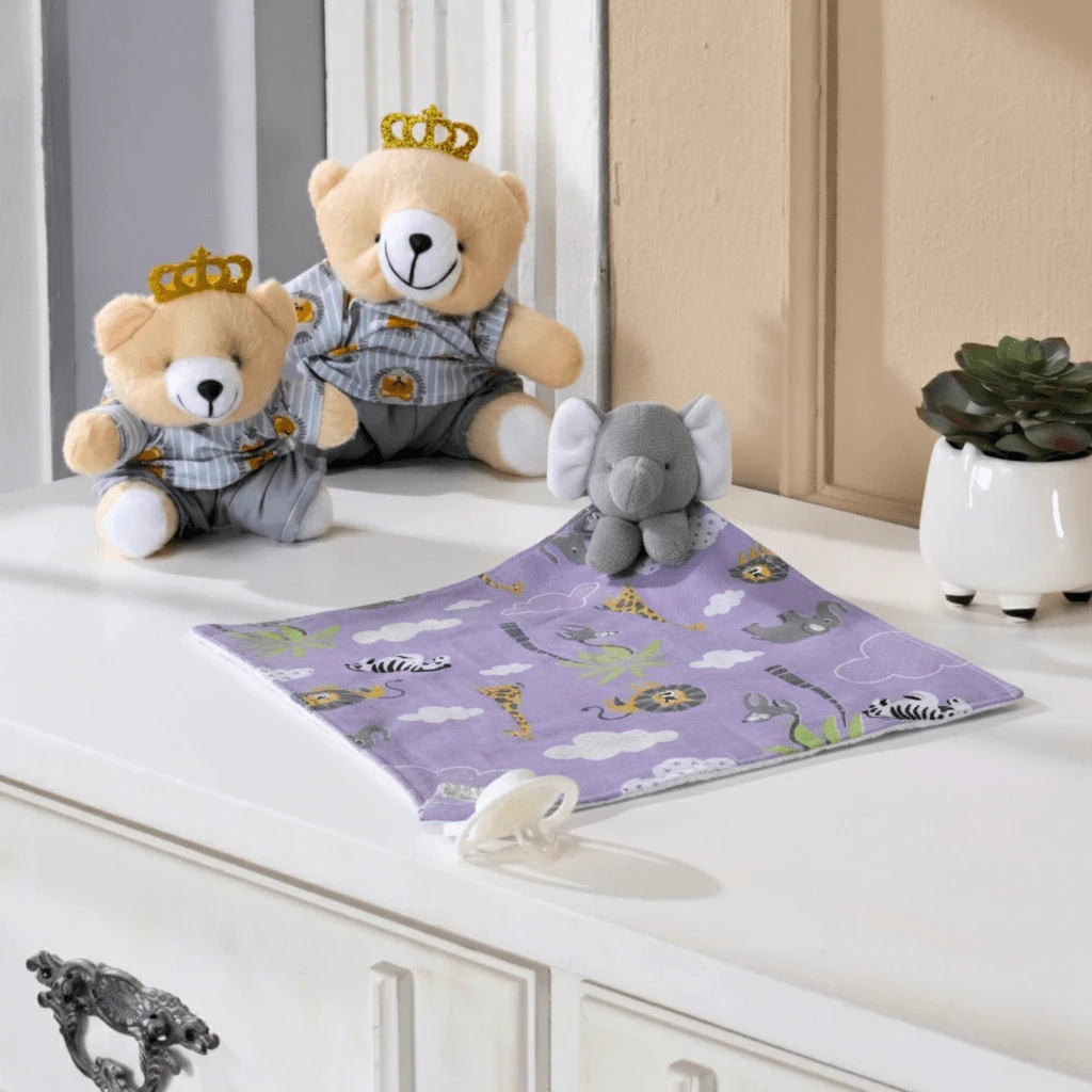 MeF Mae e Filho Baby Burp Cloth With Animal, Pacifier Holder, And Plush Toy - Lilac Safar - View 1