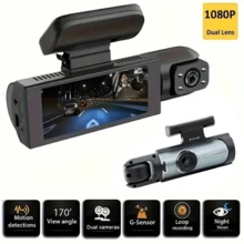1080P 双镜头前后行车记录仪，夜视功能，64GB 循环录像，广角，3.16 英寸 IPS 屏幕，24 小时停车监控，WDR，G-Sensor，运动检测