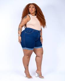 Ane Plus Size Denim Mid-Thigh Shorts, Orange Blue - Azul - Ver 3