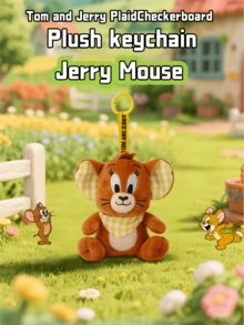 汤姆和杰瑞格子系列杰瑞老鼠毛绒钥匙扣 - 棕色毛绒材质，格子图案内耳，三角形围巾装饰，印有“TOM AND JERRY”字样的黄色圆环，尺寸小巧，仅10厘米，材质柔软耐用，是汤姆和杰瑞粉丝、古怪毛绒玩偶收藏家以及任何寻求奇趣日常配饰的人的理想之选。 - 湯姆貓與傑利鼠格仔系列-毛絨掛件-傑利鼠 - 查看 3