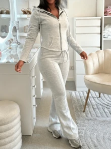 Tracksuit For Women Set 2 Piece Joggers Soft Knit Jogging Sweat Outfits Zip Up Hoodie And Straight Leg Sweatpants Set - Xám - Xem 1