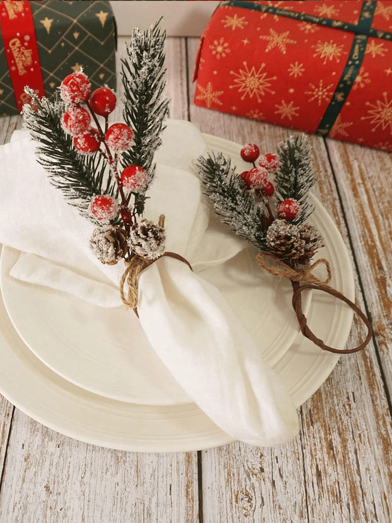 1-12pcs Woven Faux Snow Flower Pine Needle Pine Leaf Napkin Rings, Christmas Napkin Rings, Handmade Christmas Napkin Rings - Multicolor - View 1