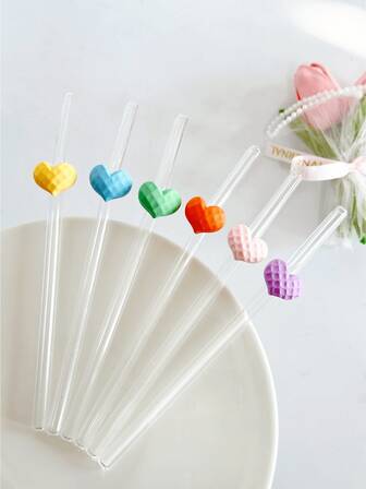 1 pieza Pajita de vidrio con forma de corazón para el Día de San Valentín, pajita de vidrio transparente reutilizable y curva para batidos, té de burbujas, jugo, leche y cócteles fríos