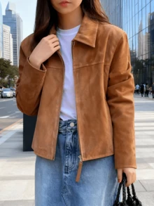 Women Brown Short Bomber Jacket Warm Zip Up Casual Fall Winter Coat - 卡其色 - 查看 4