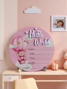 1pc "Hello World" Birth Announcement Board, Baby Photo Prop Wooden Plaque, Baby Milestone Wooden Plaque, Baby Christening Gift (Boy/Girl) - Pink - View 12