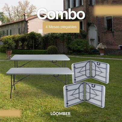 Set de 4 Mesas Plegables Blancas de 1.8 metros set de 4 mesas plegables blancas medidas 1 8 metros cada una diseño multiproposito para eventos banquetes reuniones ferias y espacios de catering estructura resistente plegado compacto transporte facil superficie lavable ideal para uso comercial y domestico