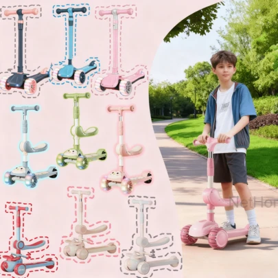 1 New Folding Scooter With LED Indicator Light And Brake Rear Wheel, Adjustable Height And Seat, Widened Non-Slip And Wear-Resistant Wheels Suitable For Various Terrains, Triangular Load-Bearing Design, Balanced And Stable, Not Easy To Fall, More Friendly To Beginners, Outdoor Scooter Boys' Favorite Scooter, Youth Outdoor Scooter, Blue, Pink, Gray, Red And Purple, Suitable For Parks, Courtyards And Other Scenes