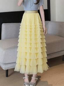 Temperament Knitted Skirt Layered Cake Skirt - Amarillo - Ver 1