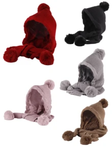 Women's Wool Hat, Warm Hat For Autumn And Winter, Scarf And Hat Integrated Design, Thick Warm Knitted Hat, Cute Fur Ball, Soft And Thick Warm Lining Earmuffs, Versatile Warm Accessories For Winter Clothing, A Good Christmas/Birthday/Valentine's Day Gift - Multicolor - View 10