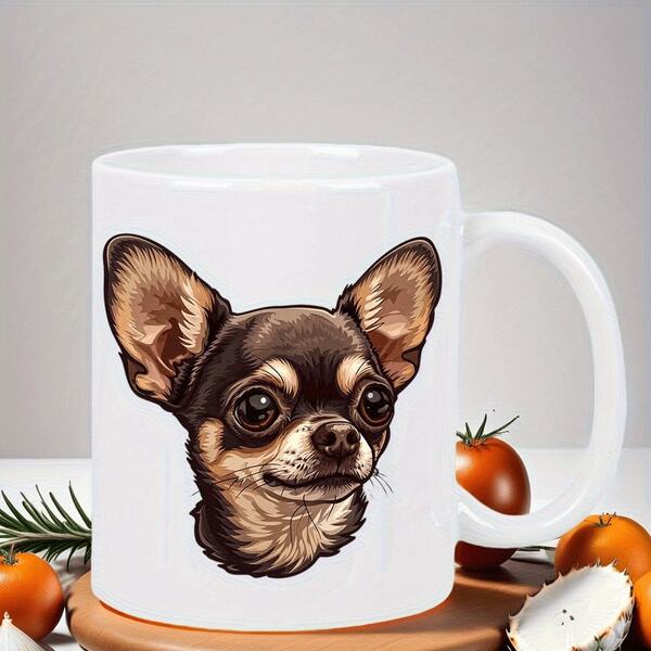 Cute Chihuahua Coffee Mug - Expressive Brown & Black Puppy Face Design, White Ceramic Cup For Hot Drinks, Perfect Gift For Dog Lovers, Ideal For Home, Office, Or Coffee Bars - Ideal Birthday Or Housewarming Present For Pet Owners, Home Drinkware, Playful Design, Handwash Only