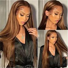 #P4/27 High-Gloss 28-Inch 13x4 HD Lace Forehead Long Straight Wig, Brazilian Native Hair, 200% Density, Glue-Free Fiber Wig, Women's Only, 13x4 Ear-To-Ear Lace Forehead Long Hair, Pre-Plucked Hair, Natural Hairline, Suitable For Everyday Wear