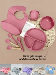 8-Piece Baby Silicone Feeding Set, Suction Cup Divided Plate, Double-Handle Straw Cup, Anti-Spill Bowl, Adjustable Waterproof Baby Bib, Fork Spoon, 6+ Months Toddler Self-Feeding Training Kit - Multicolor - View 2