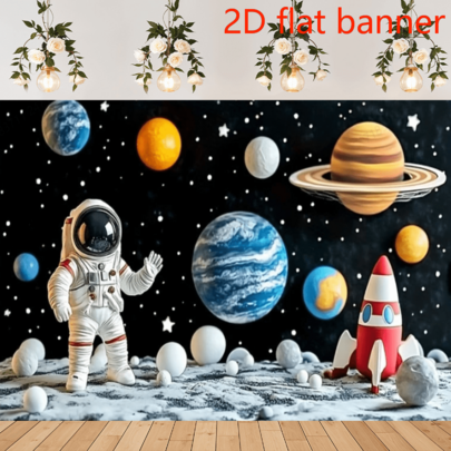 2D Flat Banner Space-Themed Birthday Party Backdrop - Cartoon Outer Space With Planets, Rocket & Stars - Polyester Banner For Boys' Celebrations & Photography Background