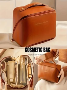 1pc Waterproof PU Leather Cosmetic Bag, Portable Toiletry Bag, Waterproof PU Skin Care Bag, Large-Capacity Double-Layer Cosmetic Bag, Spacious Toiletry Bag With Compartments, Cosmetic Travel Bag, Holiday Beach, Bathroom Collection, Bedroom Collection, Large Capacity