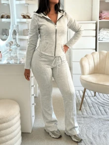 Tracksuit For Women Set 2 Piece Joggers Soft Knit Jogging Sweat Outfits Zip Up Hoodie And Straight Leg Sweatpants Set - Xám - Xem 4