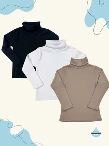 Set Of 3 Children's Turtleneck Blouses, High Neck, Casual And Elegant, Sizes 6 To 12 Years - 黑色/白色/米色 - 查看 13