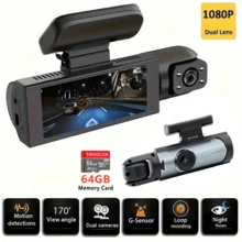 1080P 双镜头前后行车记录仪，夜视功能，64GB 循环录像，广角，3.16 英寸 IPS 屏幕，24 小时停车监控，WDR，G-Sensor，运动检测