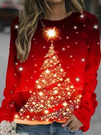 Suéter de cuello redondo para mujer con estampado de árbol de Navidad rojo, de poliéster regular, adecuado para el uso en invierno