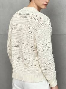 Men's Beige Hollow-Out Knitted Crew Neck Sweater - Casual Loose Long Sleeve Pullover For Spring/Summer Fashion