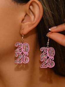 1 Pair Niche 2026 Number Design Earrings, Colorful Elegant Earrings For Women - Pink - View 1
